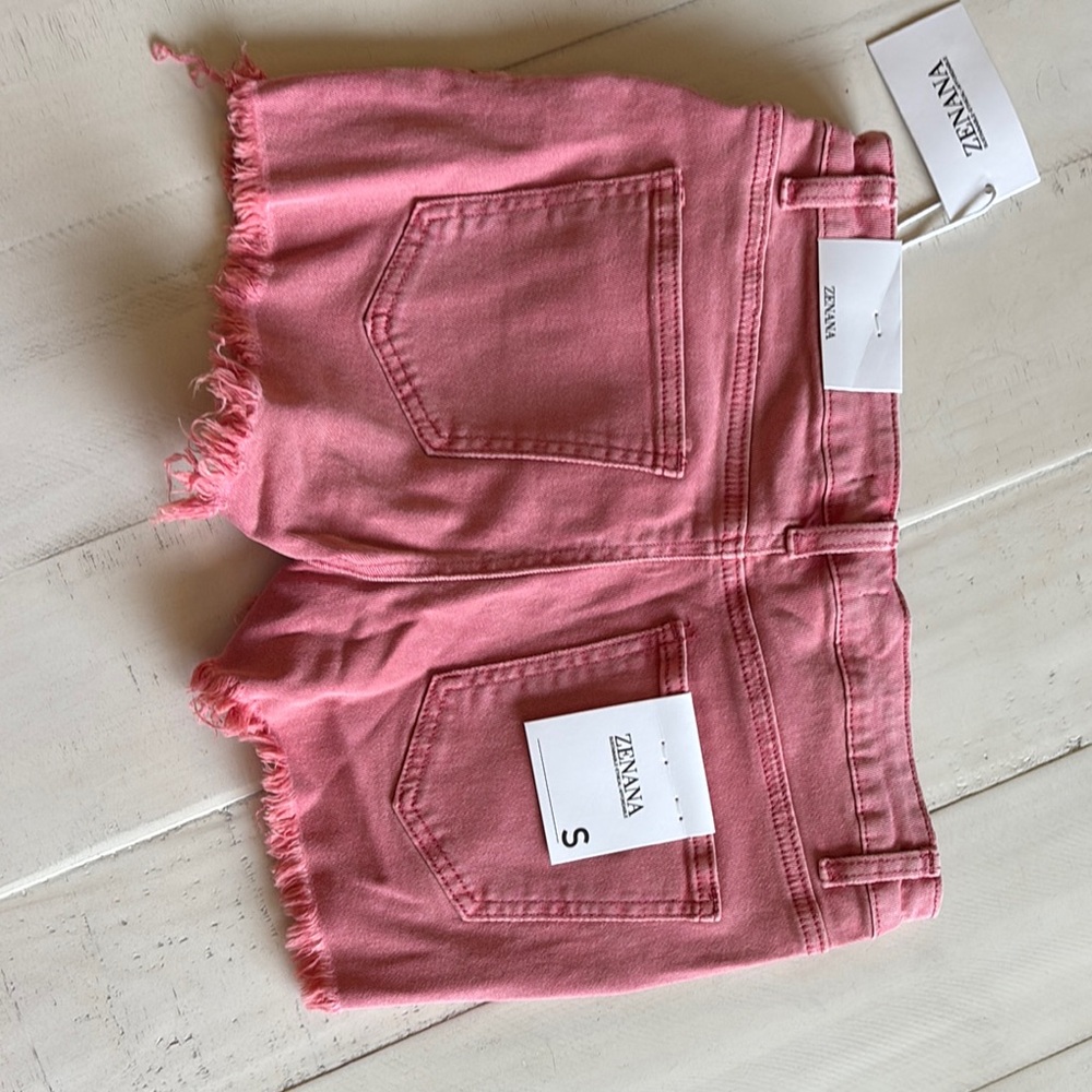 Zenana Outfitters Pink Jean Shorts with Frayed Hem